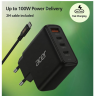 Acer 100W PD GaN Charger, 3 x USB C and 1 x USB A, EU Plug, 100W USB-C cable, Black, Retail Pack