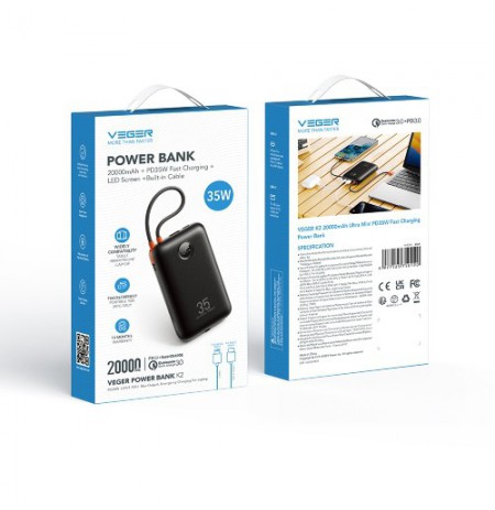 Veger K2 (W2068) Išorinė baterija (Power Bank) 20000mAh, 35W PD, Juoda