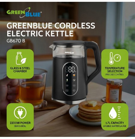 GreenBlue Cordless Electric Kettle, 1.7 L capacity, glass water tank, easy-to-read display, temperature selection, 2200 W,