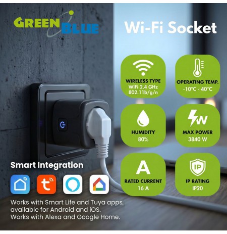 GreenBlue Remote-Controlled WiFi Outlet, Android/iOS/Alexa/Google Home, Timer, Wattmeter, Max 16A/3840W, GB735 B