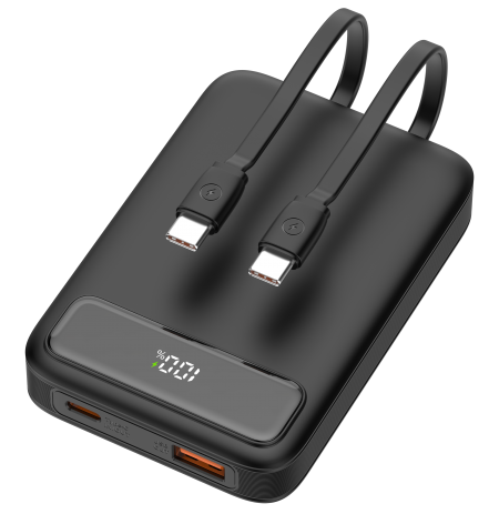 Išorinė baterija DELTACO, 10 000 mAh, 2 integruoti USB-C laidai, PD 20 W, juodas / PB-CC100 / 1903845