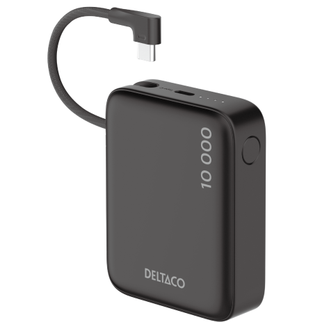 Išorinė baterija DELTACO, 10 000 mAh, integruotas tekstilinis laidas, PD 20 W, juoda / PB-CC101 / 1903846