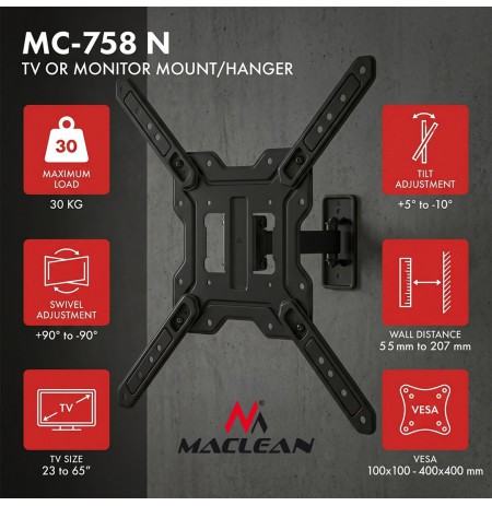 Maclean TV or Monitor Mount / Bracket, max. 23–65", max. load 30 kg, universal, max. VESA 400x400, MC-758 N