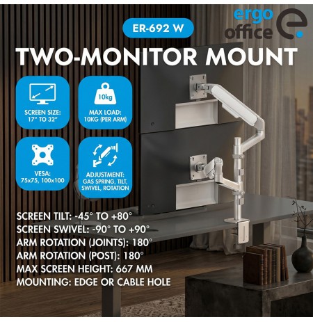 Ergo Office Mount/Hanger for 2 Monitors, Gas Spring, 17"-32", 1-10 kg, Matte White, ER-692 W