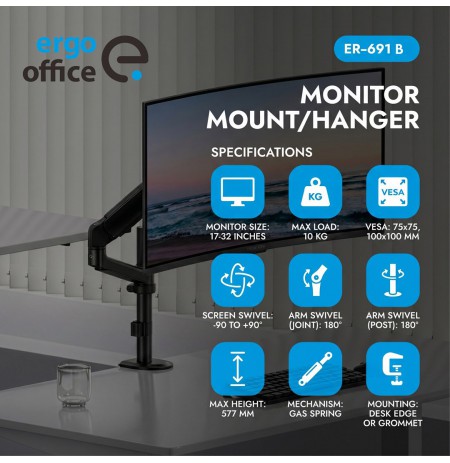Ergo Office Monitor Mount/Hanger, Gas Spring, 17"-32", 1-10 kg, Matte Black, Max. VESA 100x100, ER-691 B