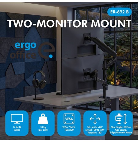 Ergo Office Mount / Holder for 2 Monitors, Gas Spring, 17"-32", 1-10 kg, Matte Black, ER-692 B