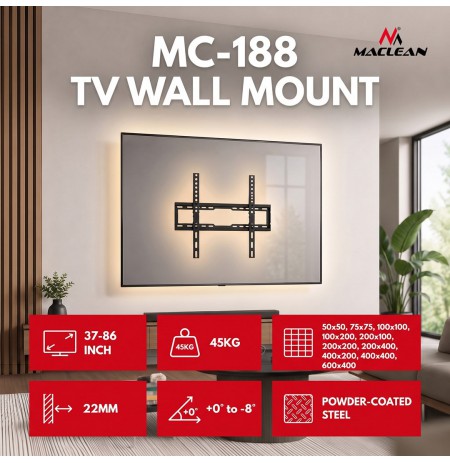 Maclean TV Mount / Bracket, max VESA 600x400, 37-86", up to 45 kg, black, tilt adjustment 0°–8°, MC-188