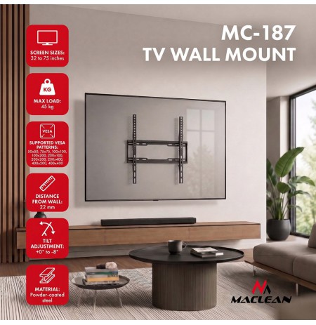 Maclean TV Mount / Bracket, max VESA 400x400, 32-75", up to 45 kg, black, tilt adjustment 0°–8°, MC-187