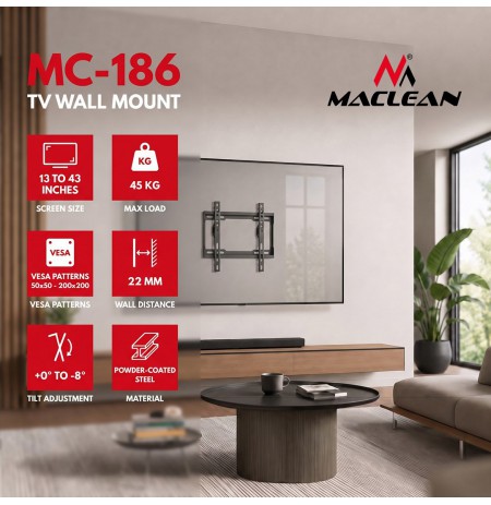 Maclean TV Mount / Bracket, max VESA 200x200, 13-43", up to 45 kg, black, tilt adjustment 0°–8°, MC-186