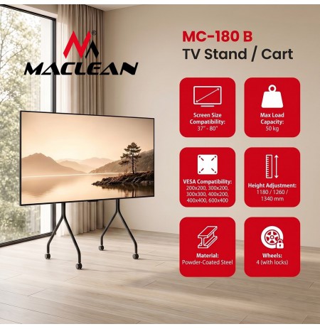 Maclean TV Stand / Cart, on wheels, 37–80", max. load 50 kg, max. VESA 600x400, black, MC-180 B