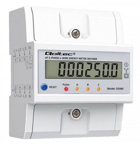 Qoltec 50980 Three-phase electronic meter with reset | DIN rail energy consumption meter | 400V | 100A | LCD | LED | 4P