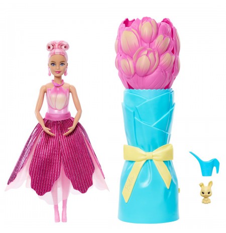 Barbie Petal Pop Scented Fashion Doll with Pink Tulip Dress, Reveal Accessories like Bunny & More