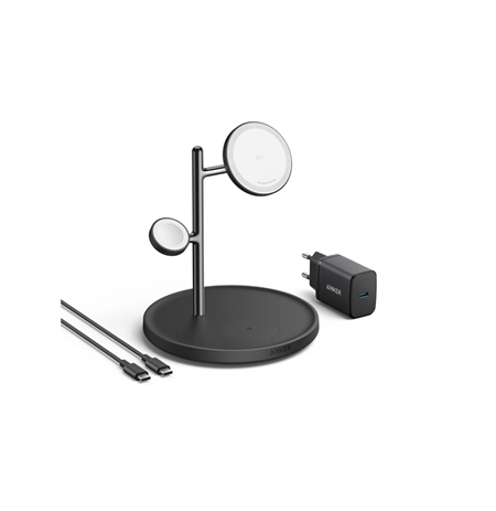 Anker MagGo Wireless Charging Station (15W, 3-in-1 Stand) with cable and charger bundle | B25M3312