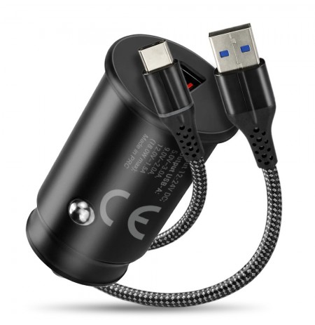 Car charger 1 X USB QC3.0 18W black + cable USB-C 1m