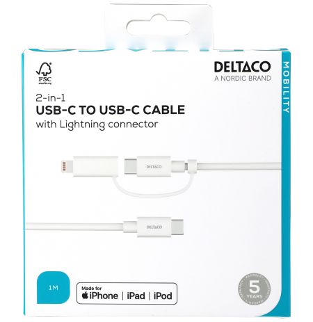 USB-C - USB-C + Lightning adapteris DELTACO, 2 in 1, 1 m, baltas / IPLH-442-1 / 1903217