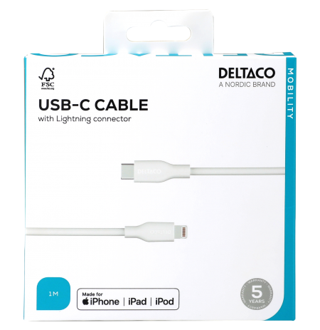 USB-C – Lightning laidas DELTACO, 1 m, baltas / IPLH-451-1 / 1903215