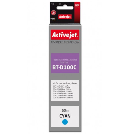 Activejet AB-D100C Ink cartridge for Brother printers, replacement for Brother BT-D100C, Supreme, 50 ml, cyan