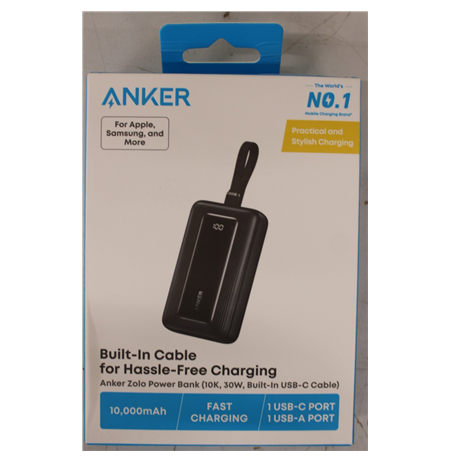 Anker Power Bank with Built-In USB-C Cable | A1688H11 | 10000 mAh | Black | DAMAGED PACKAGING