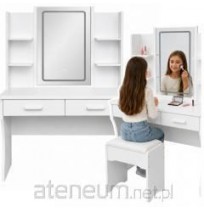Cosmetic vanity table with LED mirror shelves drawers White 140x80x40cm