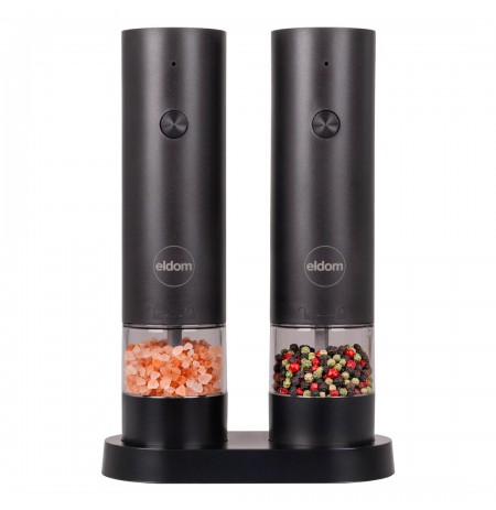 ELDOM ZMP5 BATTERY-POWERED PEPPER AND SALT GRINDER SET WITH STAND, BLACK
