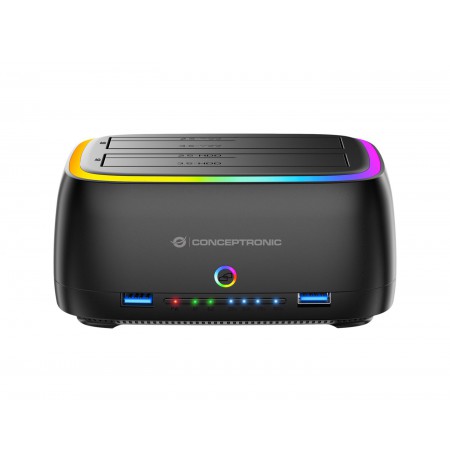 Conceptronic DONN36B Dual-bay RGB Hard Drive Docking Station, for 2.5/3.5-Inch HDD SSD, 2 x USB A, SD/TF Card Reader, UASP