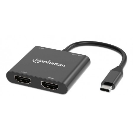 Manhattan USB-C to Dual HDMI & USB-A Adapter, Dual 4K@30Hz or Single 4K@60Hz, Power Delivery 100W, 480 Mbps (USB 2.0), Cable