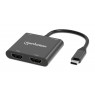 Manhattan USB-C to Dual HDMI & USB-A Adapter, Dual 4K@30Hz or Single 4K@60Hz, Power Delivery 100W, 480 Mbps (USB 2.0), Cable