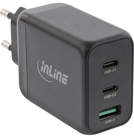 InLine USB PD power supply, GaN charger, 3-port, Dual USB-C + USB-A, 65W