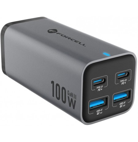 Desktop charger Forcell F-Energy GaN III 2x USB-C 2x USB-A QC 4.0 PD 5A 100W VT-49 grey