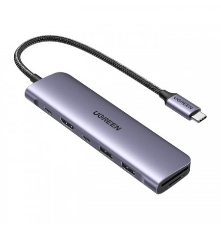 Ugreen CM195 6-in-1 USB-C adapter – HDMI / 2× USB-A 3.0 / USB-C PD / SD / TF card reader – grey