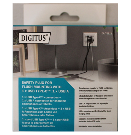 SALE OUT. DIGITUS Safety Plug for Flush Mounting with 1 x USB Type-C