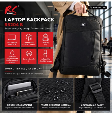 NanoRS Laptop Backpack, 15.6", Black, 42x28.5x14, Waterproof RS204 B