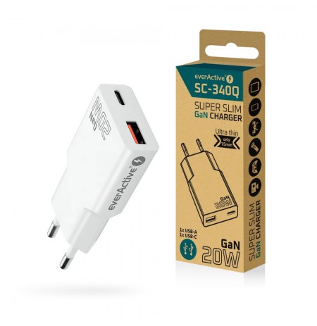Charger everActive GaN SUPER SLIM SC-340Q USB QC3.0 and USB-C PD 20W