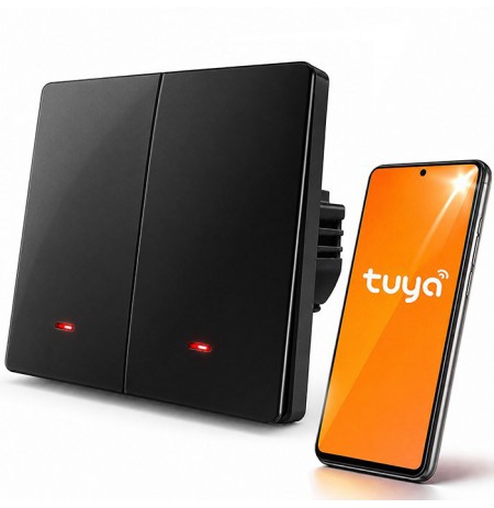 Qoltec 52708 Smart 2-Gang Light Switch | Wi-Fi | Timer | Tuya | Smart life | Black
