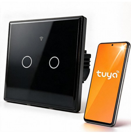 Qoltec 52712 Smart Touch 2-Gang Light Switch | Wi-Fi | Timer | Tuya | Smart Life | Tempered Glass | Black