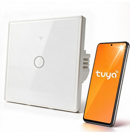 Qoltec 52715 Smart Touch 1-Gang Light Switch | Wi-Fi | Timer | Tuya | Smart Life | Tempered Glass | White