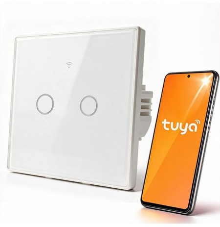 Qoltec 52716 Smart Touch 2-Gang Light Switch | Wi-Fi | Timer | Tuya | Smart Life | Tempered Glass | White
