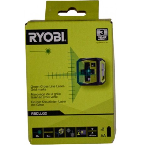 RYOBI Cross Laser with green beam. Working range 15 m. Operating time 6 hours. Class II laser. Wavelength: 520nm ± 10nm