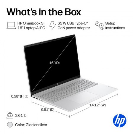 HP OmniBook 3 16'' WUXGA Intel Core Ultra 7 255U (2025) 16GB 512GB SSD W11H, Glacier Silver