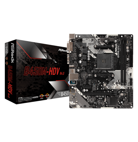 ASRock B450M-HDV R4.0, AM4, DDR4 3200+, 4 SATA3, HDMI, DVI-D, D-Sub