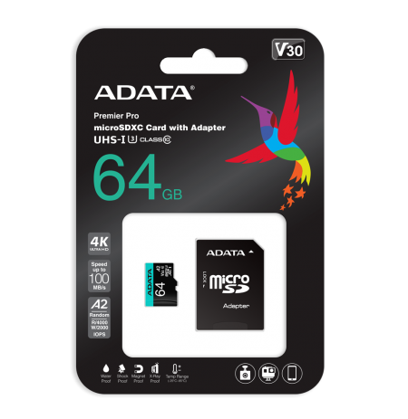 ADATA 64GB Premier Pro MICROSDXC, R/W up to 100/80 MB/s, with Adapter