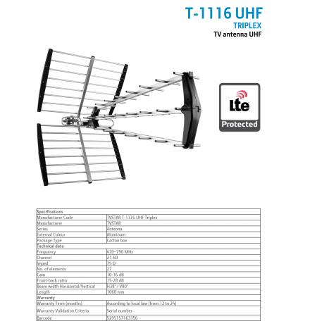 TV Antena eSTAR T-1116 UHF Triplex LTE Juoda