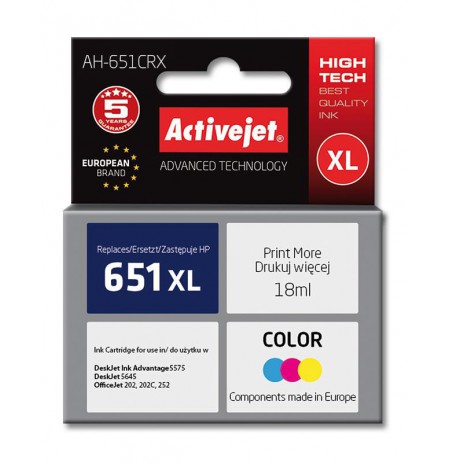 Ink cartridge Activejet AH-651CRX (replacement HP 651 C2P11AE, Premium, 18 ml, MultiColor)