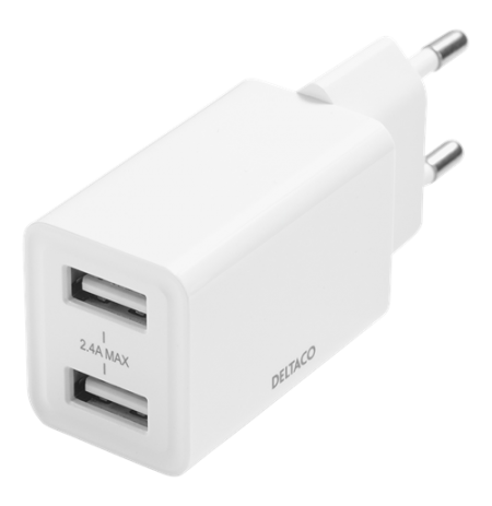 DELTACO USB sieninis įkroviklis, 2x USB-A, 2,4 A, iš viso 12 W, baltas USB-AC174