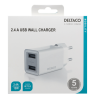 DELTACO USB sieninis įkroviklis, 2x USB-A, 2,4 A, iš viso 12 W, baltas USB-AC174