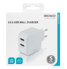 DELTACO USB sieninis įkroviklis, 2x USB-A 2,4 A, iš viso 24 W, baltas USB-AC175