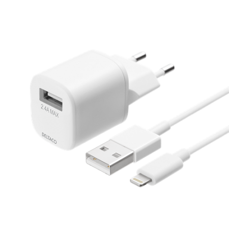 DELTACO USB sieninis įkroviklis, USB-A, 2,4 A, įsk. 1 m su „Lightning“  laidu Iphone  telefonams  USB-AC181
