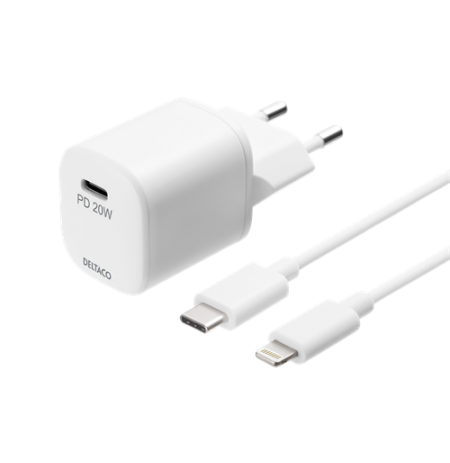 DELTACO USB sieninis įkroviklis, USB-C, PD 20 W, 1 m C - „Lightning“  USBC-AC141
