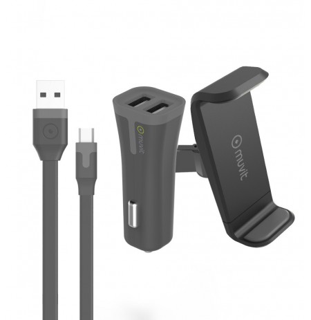 Airvent Car Holder 80mm + Car Charger 2 x MircoUSB  +MircoUSB cable by Muvit Black