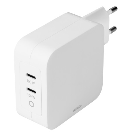 Sieninis įkroviklis DELTACO USB-C, GaN technologija, 2x USB-C PD, iš viso 100 W / USBC-GAN03